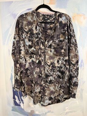 Massimo Abstract Ikat Print Blouse Brown Purple Button Front Long Sleeve Boho M
